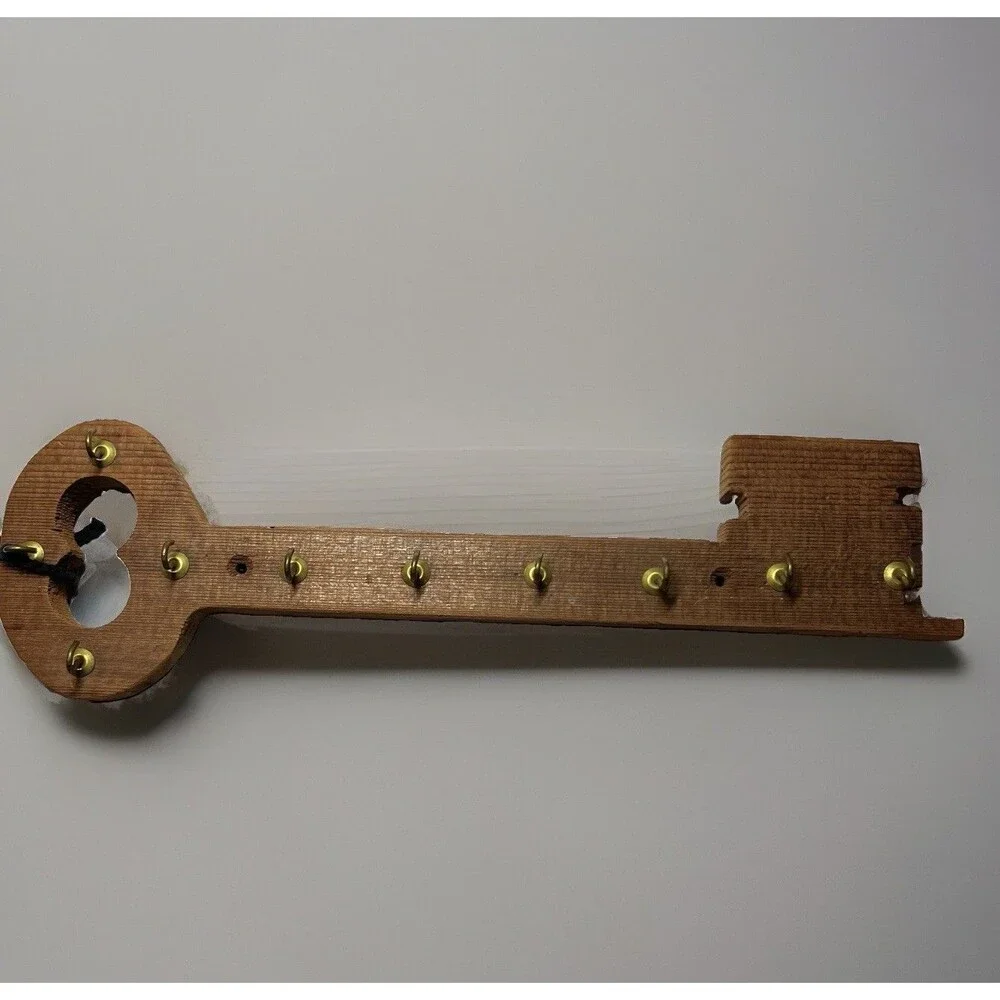 Vintage Wooden Key Shaped Wall Key Holder Rack 10 Brass Hooks Lightweight Rustic